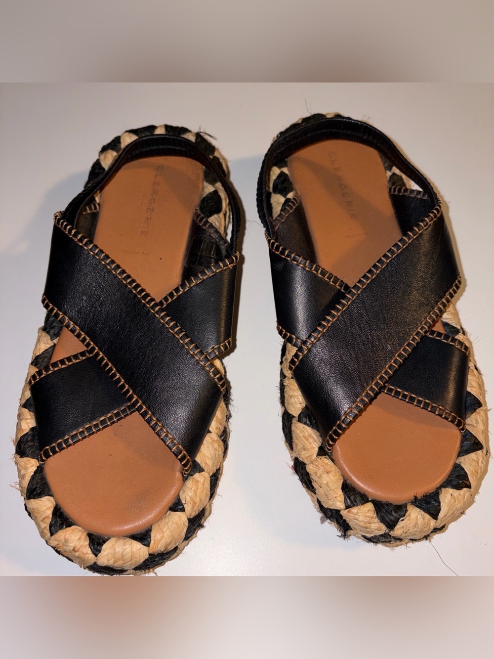 Clergerie Black and Tan Braided Leather Espadrille Sandals size 8.5  or 39